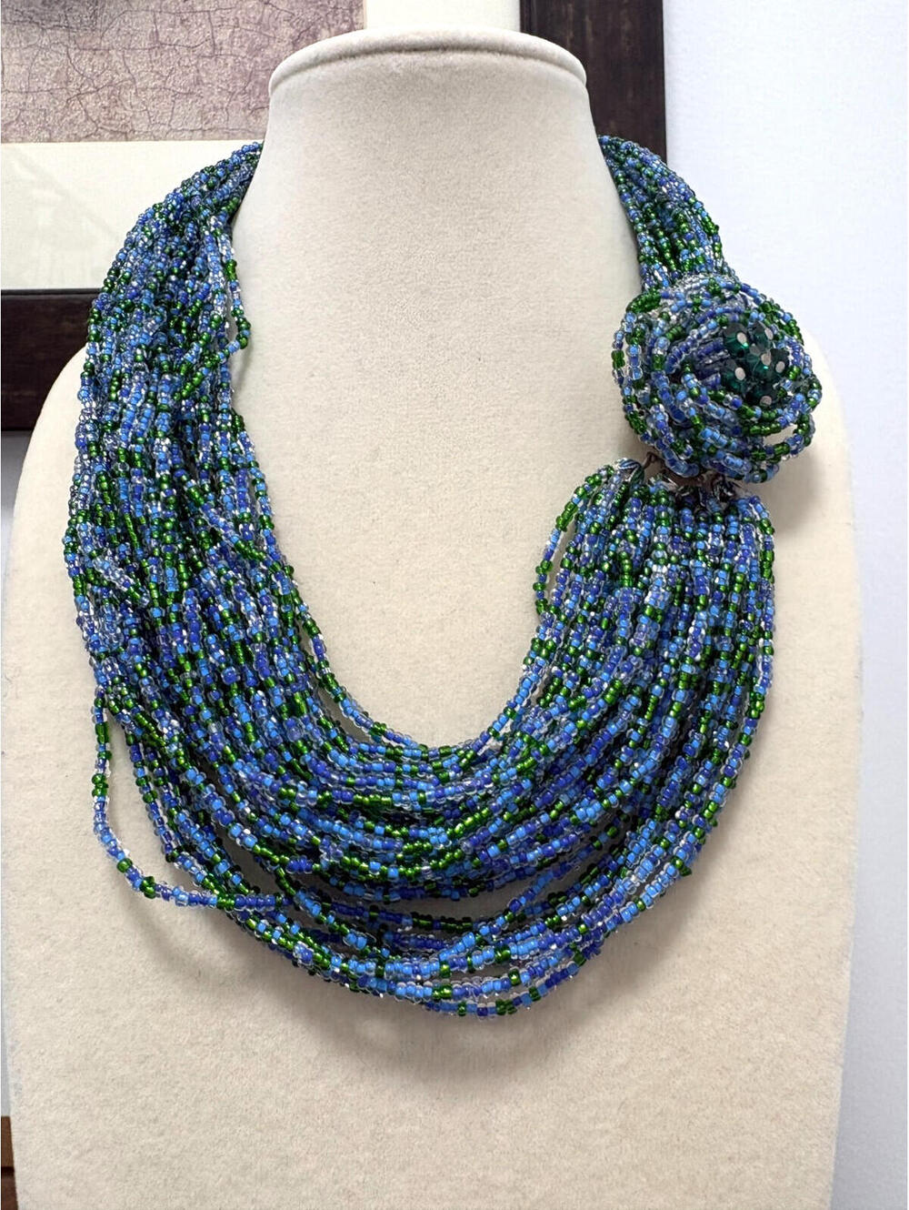 Vintage Chunky Blue Green Multi Strand Seed Bead Choker Necklace Box Clasp 16"